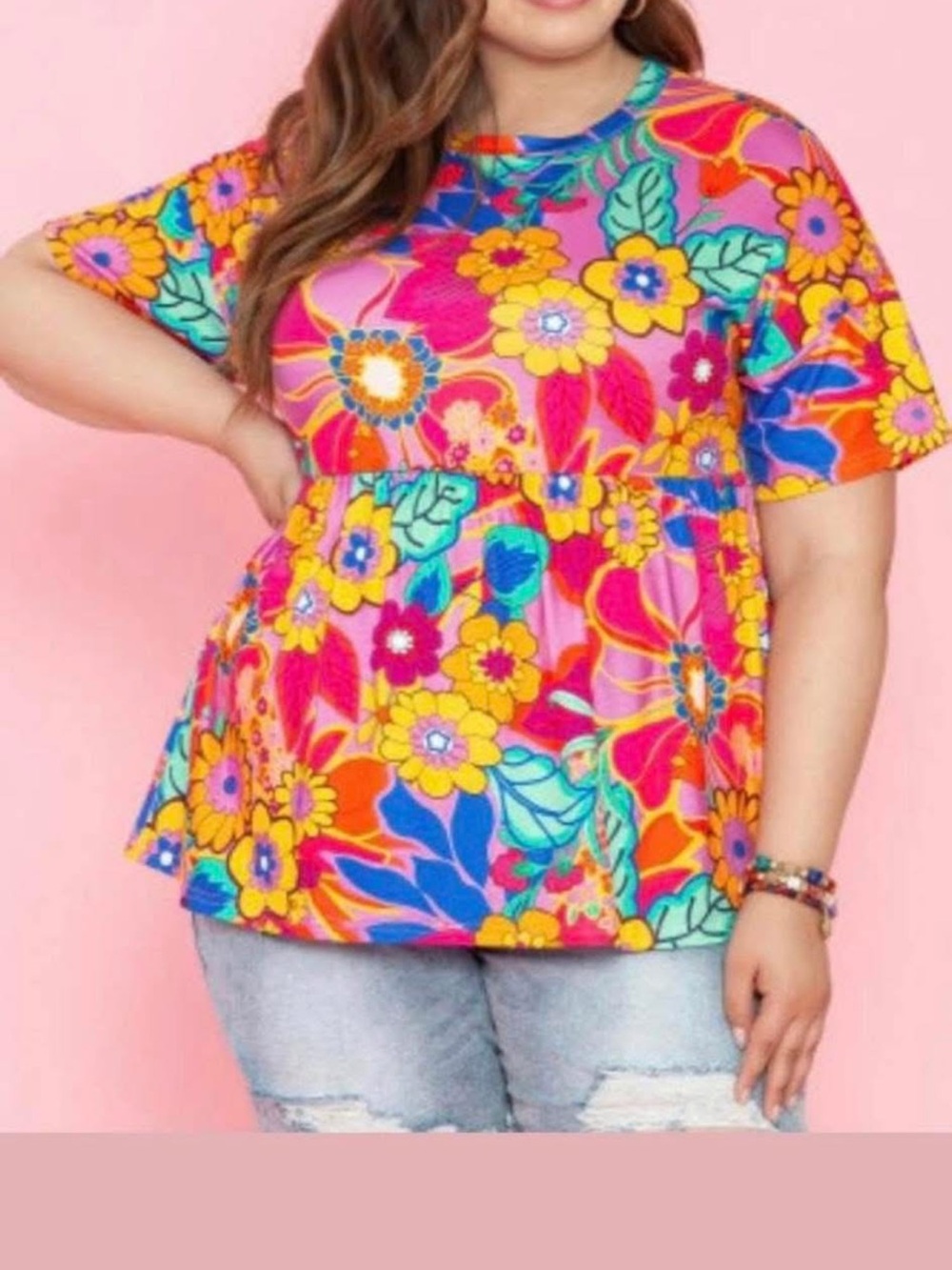 Bold Pink Floral Peplum Tee with Short Sleeves